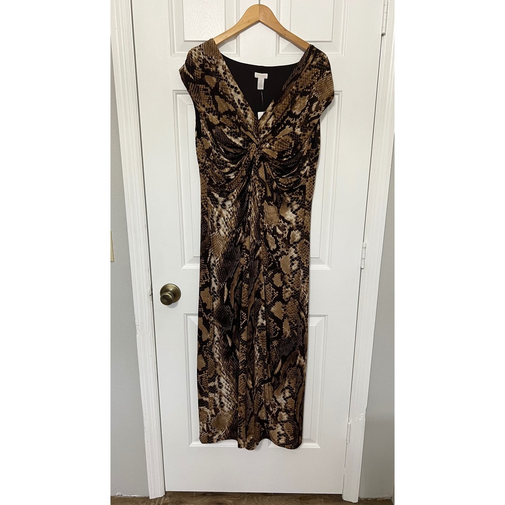 Chicos Python Maida Maxi Dress Brown Snake Print Twist Front Size 3 XL NEW